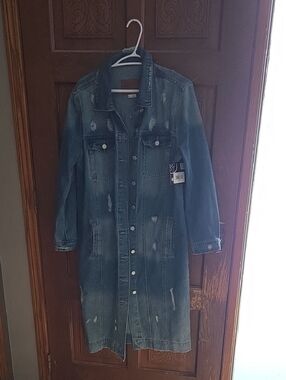 Long Distressed Blue Denim Jacket Coat